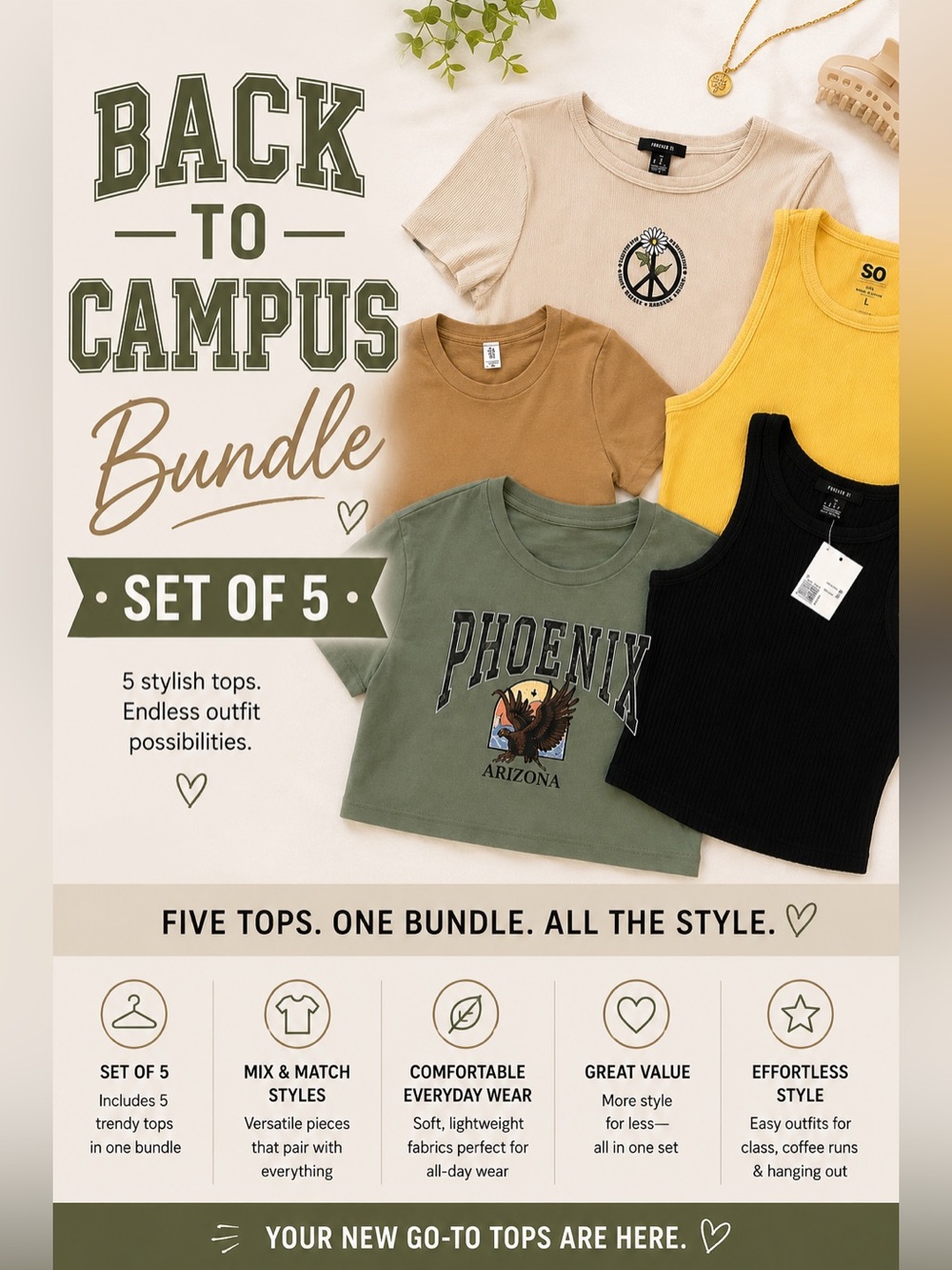 Bundle - Crop Tops, Baby T’s Set of 5 Bundle (Juniors) Summer T-Shirts/Tanks